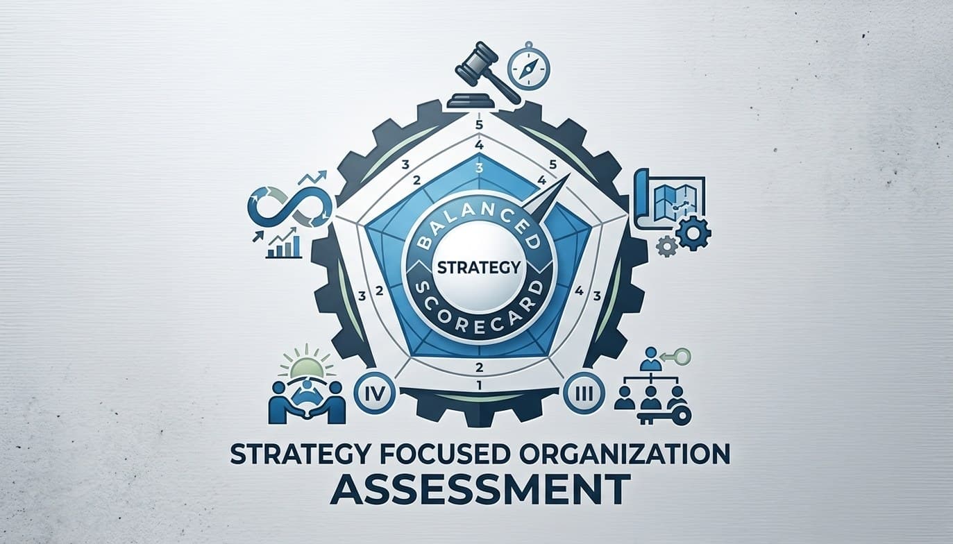 The Strategy-Focused Organization framework: a balanced scorecard at the centre of a five-sided model, with each side scored 1 to 5.